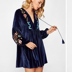 Zara Tasseled Tie Embroidered velvet dress